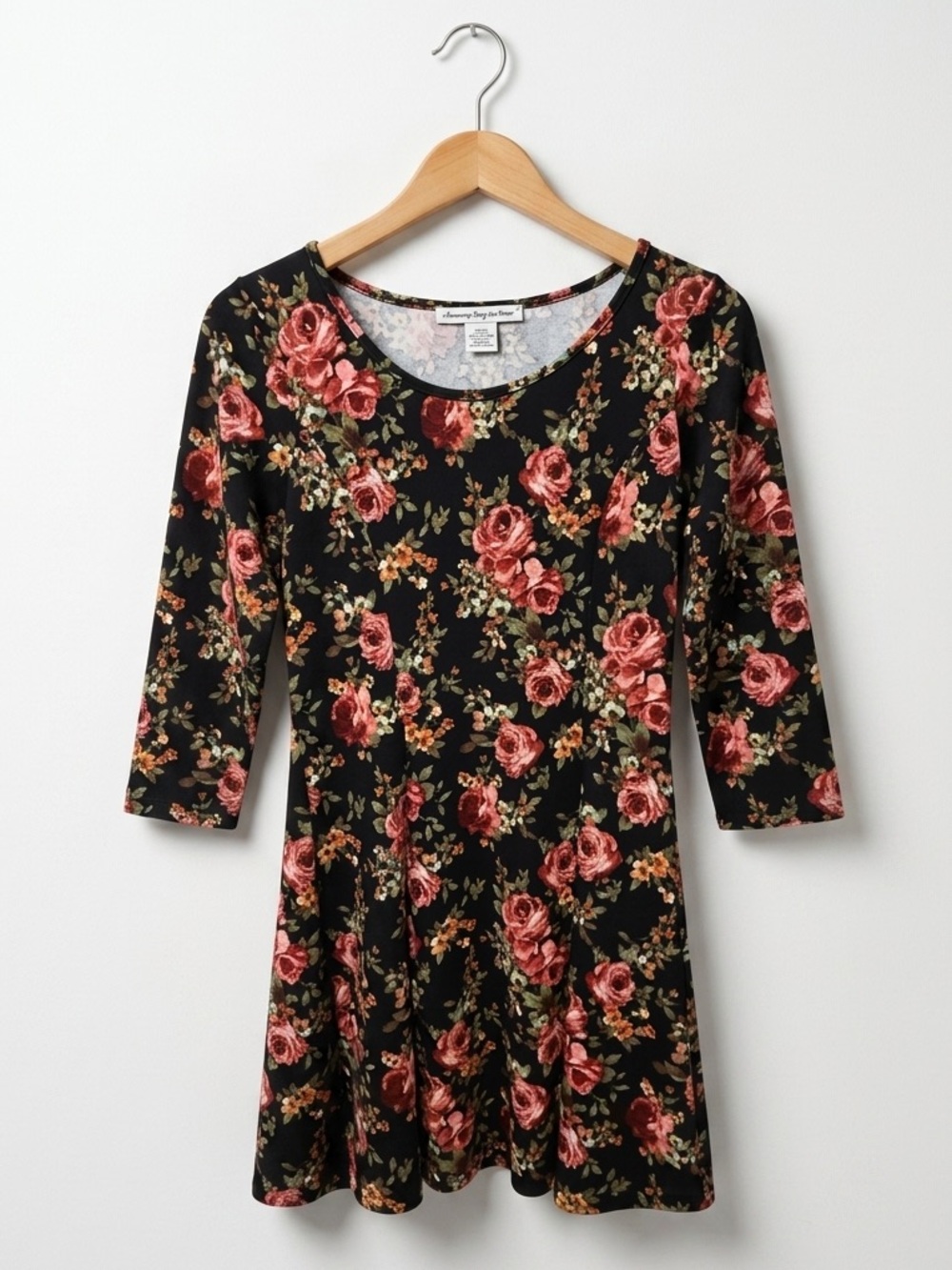 American Rag Black Red Floral Scoop Neck A-Line 3/4 Sleeve Mini Dress Rose Print